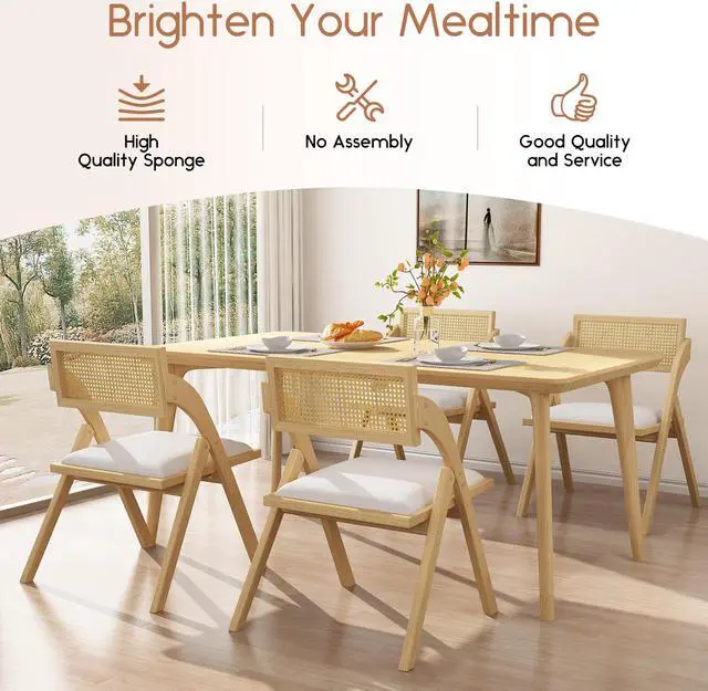 Alt view image 6 of 7 - DualThunder Folding Dining Chairs Set of 2, Foldable Wood Kitchen Chairs with Padded Cushion, Modern Mid Century Rattan Dining Room Chairs, Foldable Dining Chairs for Small Space, No Assembly, Beige