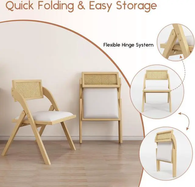 Alt view image 2 of 7 - DualThunder Folding Dining Chairs Set of 2, Foldable Wood Kitchen Chairs with Padded Cushion, Modern Mid Century Rattan Dining Room Chairs, Foldable Dining Chairs for Small Space, No Assembly, Beige