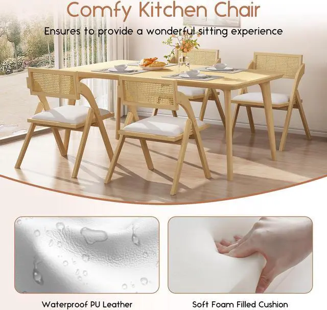 Alt view image 4 of 7 - DualThunder Folding Dining Chairs Set of 2, Foldable Wood Kitchen Chairs with Padded Cushion, Modern Mid Century Rattan Dining Room Chairs, Foldable Dining Chairs for Small Space, No Assembly, Beige