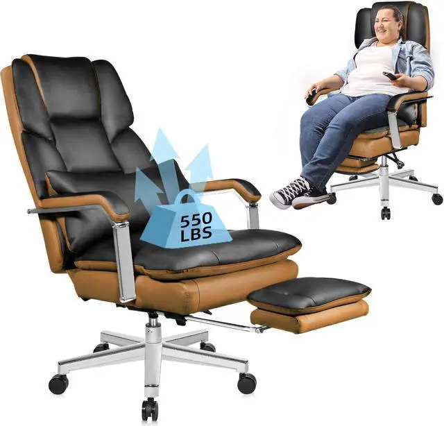 Main image of DualThunder Reclining Office Chair with Footrest O203, Big and Tall Office Chair 500lbs Wide Seat with 170° Backrest, High Back Large Executive Office Chair,Black Pu Leather Desk Chair