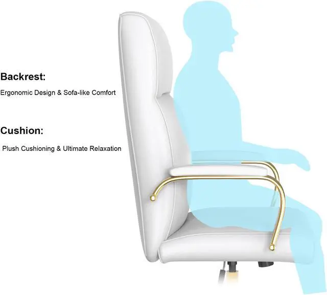 Alt view image 5 of 7 - DualThunder  Executive Desk Chair, White Leather Office Chair with Arms and Wheels, High Back Gold Executive Office Chair with Back Support for Women Girls and Adults, White