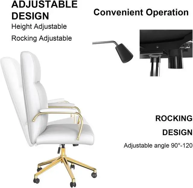 Alt view image 3 of 7 - DualThunder  Executive Desk Chair, White Leather Office Chair with Arms and Wheels, High Back Gold Executive Office Chair with Back Support for Women Girls and Adults, White