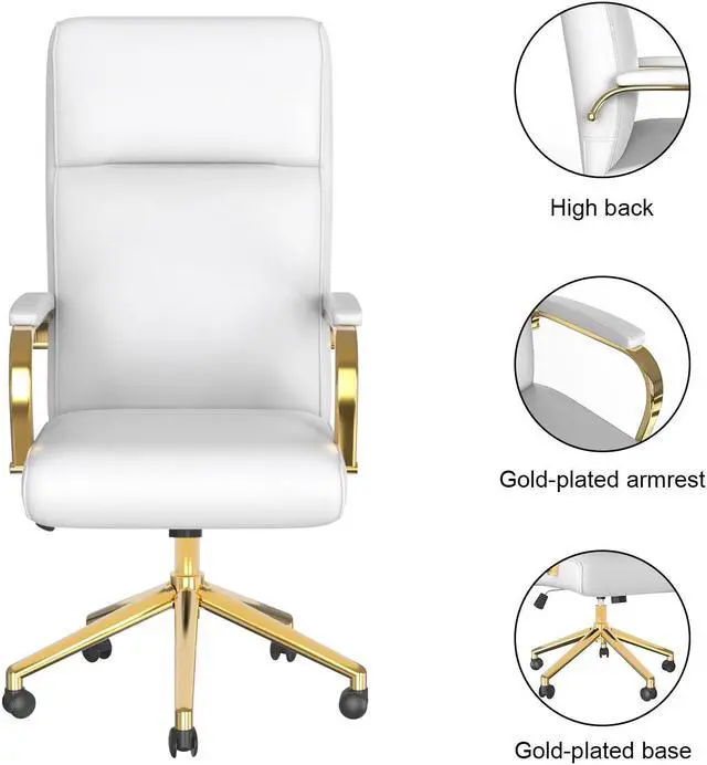 Alt view image 2 of 7 - DualThunder  Executive Desk Chair, White Leather Office Chair with Arms and Wheels, High Back Gold Executive Office Chair with Back Support for Women Girls and Adults, White