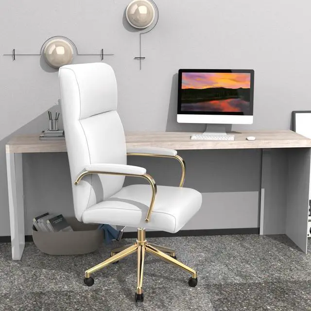 Main image of DualThunder  Executive Desk Chair, White Leather Office Chair with Arms and Wheels, High Back Gold Executive Office Chair with Back Support for Women Girls and Adults, White