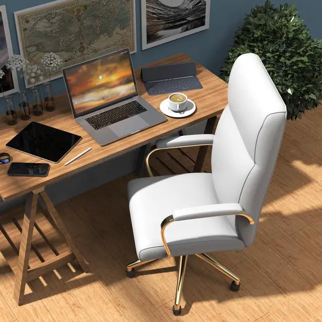 Alt view image 7 of 7 - DualThunder  Executive Desk Chair, White Leather Office Chair with Arms and Wheels, High Back Gold Executive Office Chair with Back Support for Women Girls and Adults, White