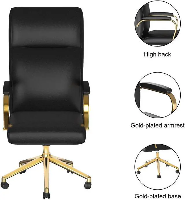 Alt view image 2 of 7 - DualThunder  Executive Desk Chair, White Leather Office Chair with Arms and Wheels, High Back Gold Executive Office Chair with Back Support for Women Girls and Adults, Black