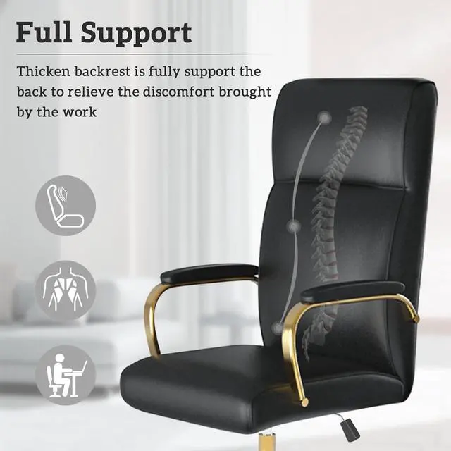 Alt view image 4 of 7 - DualThunder  Executive Desk Chair, White Leather Office Chair with Arms and Wheels, High Back Gold Executive Office Chair with Back Support for Women Girls and Adults, Black