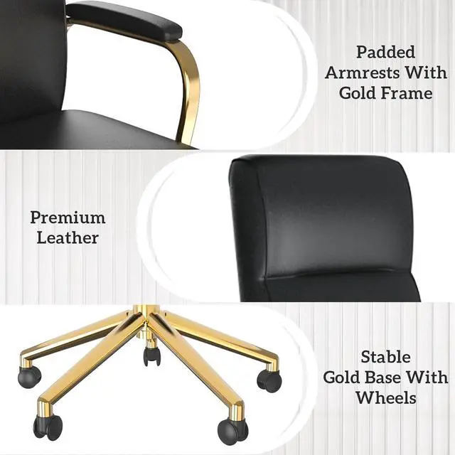 Alt view image 5 of 7 - DualThunder  Executive Desk Chair, White Leather Office Chair with Arms and Wheels, High Back Gold Executive Office Chair with Back Support for Women Girls and Adults, Black
