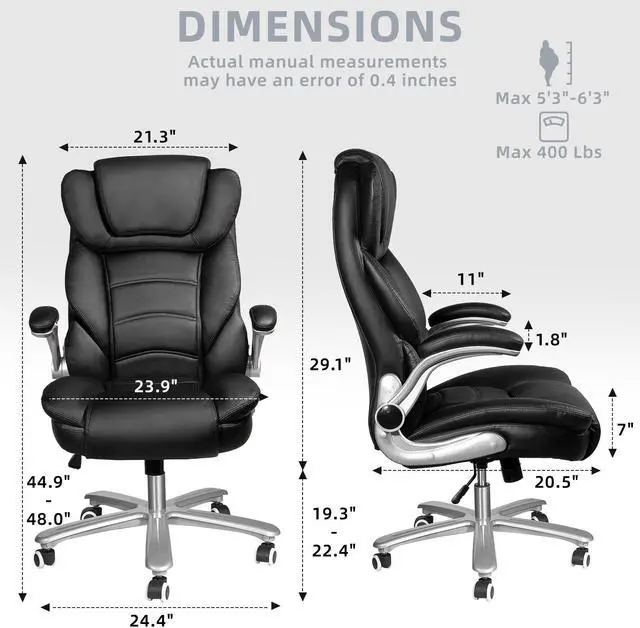 Alt view image 2 of 7 - DualThunder Black Executive Office Chair Flip-up Arm, Big and Tall Office Chairs 400lbs Wide Seat, High Back Leather Office Chairs Lumbar Support, Adjustable Heavy Duty Computer Desk Chairs with Wheel