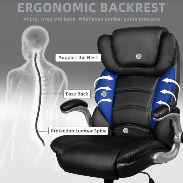 Alt view image 6 of 7 - DualThunder Black Executive Office Chair Flip-up Arm, Big and Tall Office Chairs 400lbs Wide Seat, High Back Leather Office Chairs Lumbar Support, Adjustable Heavy Duty Computer Desk Chairs with Wheel
