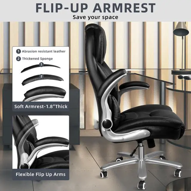 Alt view image 7 of 7 - DualThunder Black Executive Office Chair Flip-up Arm, Big and Tall Office Chairs 400lbs Wide Seat, High Back Leather Office Chairs Lumbar Support, Adjustable Heavy Duty Computer Desk Chairs with Wheel