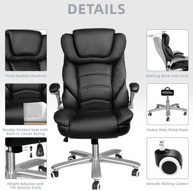 Alt view image 3 of 7 - DualThunder Black Executive Office Chair Flip-up Arm, Big and Tall Office Chairs 400lbs Wide Seat, High Back Leather Office Chairs Lumbar Support, Adjustable Heavy Duty Computer Desk Chairs with Wheel