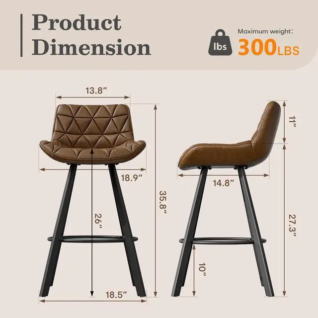 Alt view image 4 of 7 - DualThunder Set of 3 26" Faux Leather Bar Stools with Low Back and Footrest