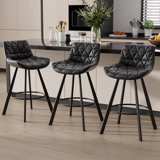 Main image of DualThunder Set of 3 26" Faux Leather Bar Stools with Low Back and Footrest Black