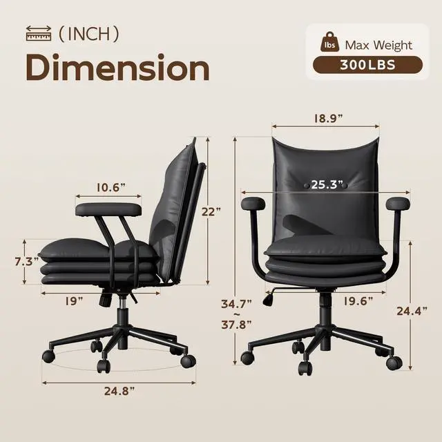 Alt view image 2 of 7 - DualThunder Mid Back Leather Desk Chair with Wheels, Adjustable Swivel Computer Chair, Padded Wide Seat Office Chair 300lbs, Task Chair for Home Office or Study Room, Black