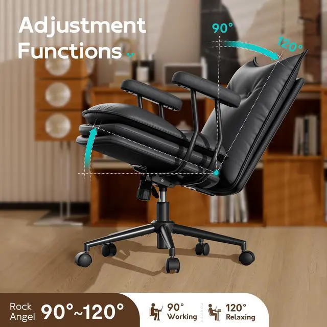 Alt view image 6 of 7 - DualThunder Mid Back Leather Desk Chair with Wheels, Adjustable Swivel Computer Chair, Padded Wide Seat Office Chair 300lbs, Task Chair for Home Office or Study Room, Black