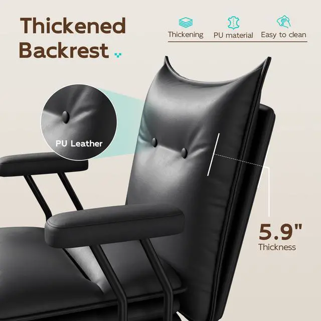 Alt view image 5 of 7 - DualThunder Mid Back Leather Desk Chair with Wheels, Adjustable Swivel Computer Chair, Padded Wide Seat Office Chair 300lbs, Task Chair for Home Office or Study Room, Black