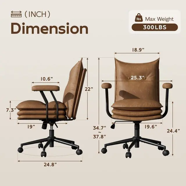Alt view image 2 of 7 - DualThunder Mid Back Leather Desk Chair with Wheels, Adjustable Swivel Computer Chair, Padded Wide Seat Office Chair 300lbs, Task Chair for Home Office or Study Room, Brown