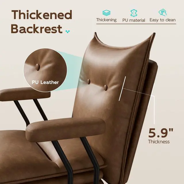 Alt view image 5 of 7 - DualThunder Mid Back Leather Desk Chair with Wheels, Adjustable Swivel Computer Chair, Padded Wide Seat Office Chair 300lbs, Task Chair for Home Office or Study Room, Brown