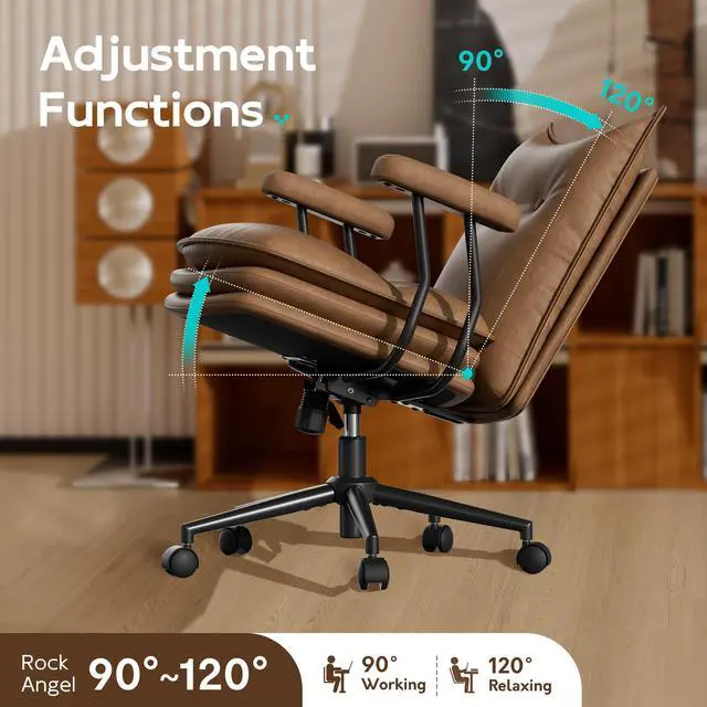 Alt view image 6 of 7 - DualThunder Mid Back Leather Desk Chair with Wheels, Adjustable Swivel Computer Chair, Padded Wide Seat Office Chair 300lbs, Task Chair for Home Office or Study Room, Brown