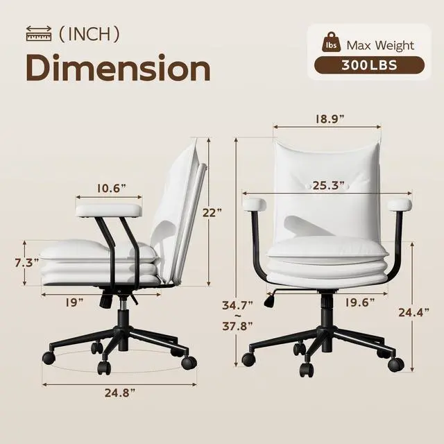 Alt view image 2 of 7 - DualThunder Mid Back Leather Desk Chair with Wheels, Adjustable Swivel Computer Chair, Padded Wide Seat Office Chair 300lbs, Task Chair for Home Office or Study Room, White
