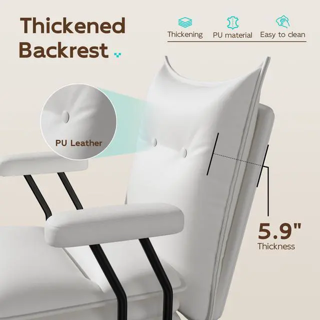 Alt view image 5 of 7 - DualThunder Mid Back Leather Desk Chair with Wheels, Adjustable Swivel Computer Chair, Padded Wide Seat Office Chair 300lbs, Task Chair for Home Office or Study Room, White