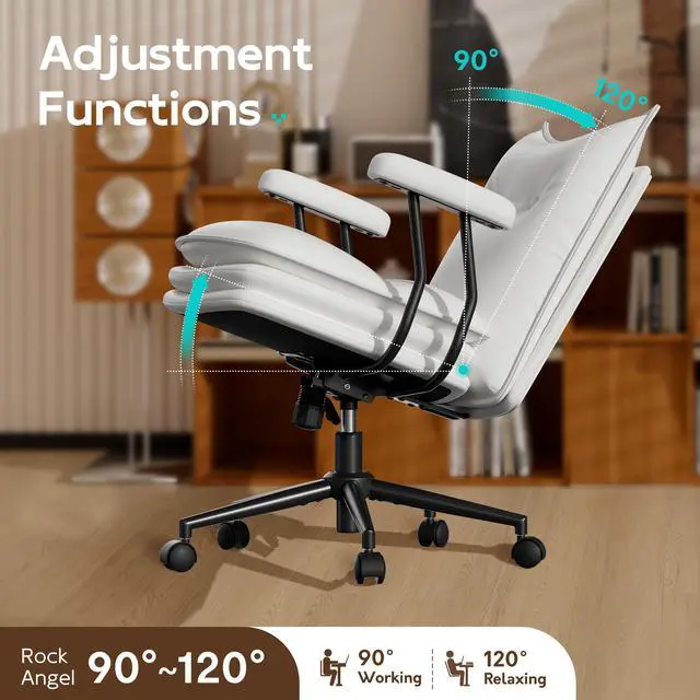Alt view image 6 of 7 - DualThunder Mid Back Leather Desk Chair with Wheels, Adjustable Swivel Computer Chair, Padded Wide Seat Office Chair 300lbs, Task Chair for Home Office or Study Room, White