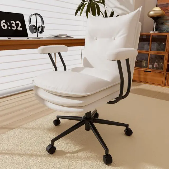 Main image of DualThunder Mid Back Leather Desk Chair with Wheels, Adjustable Swivel Computer Chair, Padded Wide Seat Office Chair 300lbs, Task Chair for Home Office or Study Room, White