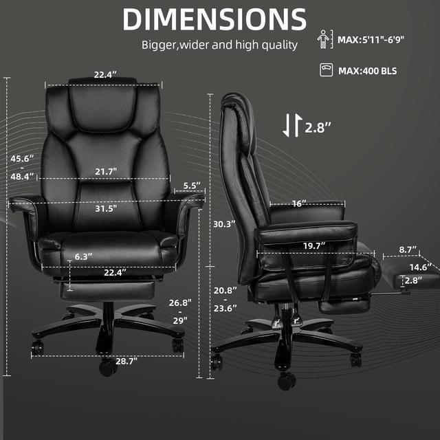 Alt view image 6 of 7 - Ninecer Big and Tall Office Chair 400LBS with Wide Seat and Arms, 160° Reclining Office Chair with Footrest, Comfortable Executive Office Desk Chair High Back, Computer Chair Home Office, Black