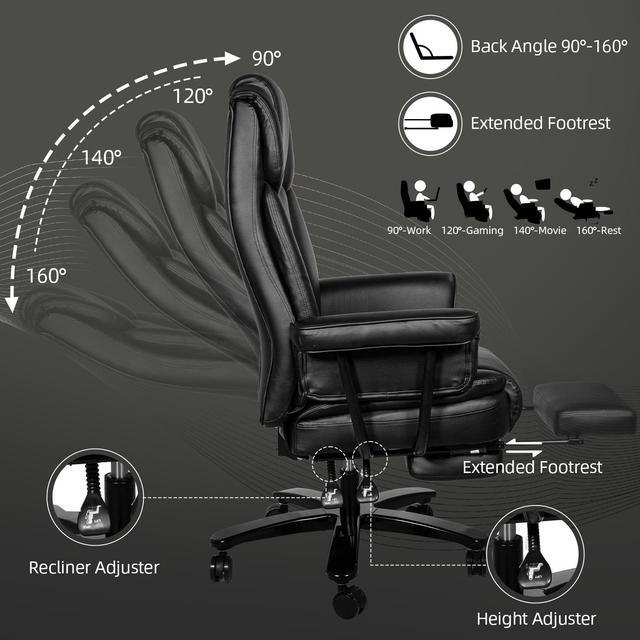 Alt view image 3 of 7 - Ninecer Big and Tall Office Chair 400LBS with Wide Seat and Arms, 160° Reclining Office Chair with Footrest, Comfortable Executive Office Desk Chair High Back, Computer Chair Home Office, Black