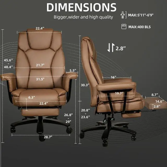 Alt view image 6 of 7 - Ninecer Big and Tall Office Chair 400LBS with Wide Seat and Arms, 160° Reclining Office Chair with Footrest, Comfortable Executive Office Desk Chair High Back, Computer Chair Home Office, Brown