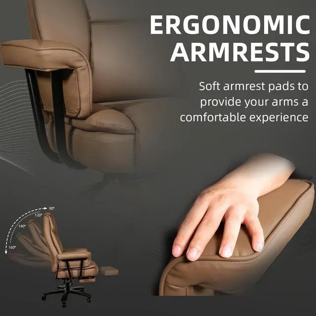 Alt view image 5 of 7 - Ninecer Big and Tall Office Chair 400LBS with Wide Seat and Arms, 160° Reclining Office Chair with Footrest, Comfortable Executive Office Desk Chair High Back, Computer Chair Home Office, Brown