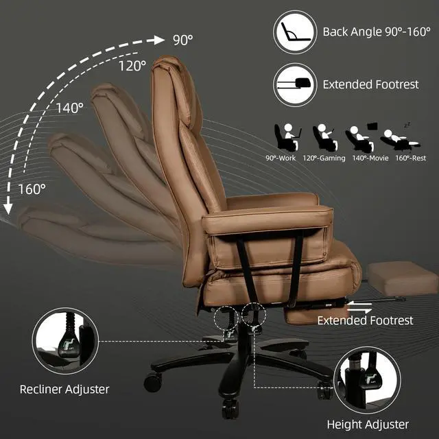 Alt view image 3 of 7 - Ninecer Big and Tall Office Chair 400LBS with Wide Seat and Arms, 160° Reclining Office Chair with Footrest, Comfortable Executive Office Desk Chair High Back, Computer Chair Home Office, Brown