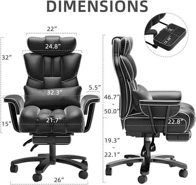 Alt view image 6 of 7 - Ninecer Big and Tall Office Chair 400LBS, Reclining Executive Desk Chair with Footrest & Lumbar Support, Puls Size Office Chairs for Heavy People,High Back,Wide Seat and Arms, Black