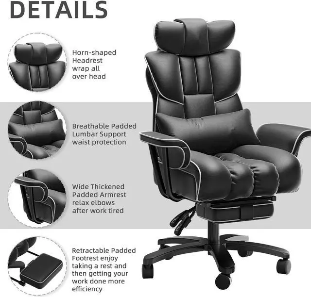 Alt view image 3 of 7 - Ninecer Big and Tall Office Chair 400LBS, Reclining Executive Desk Chair with Footrest & Lumbar Support, Puls Size Office Chairs for Heavy People,High Back,Wide Seat and Arms, Black