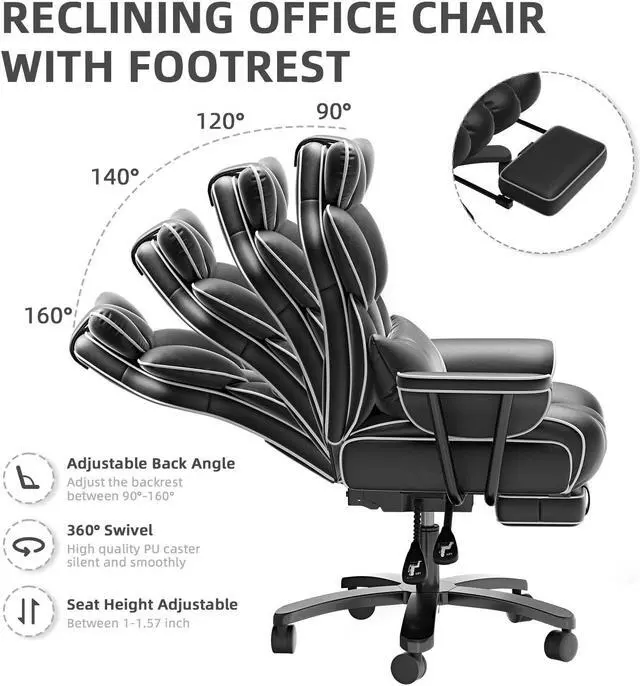 Alt view image 4 of 7 - Ninecer Big and Tall Office Chair 400LBS, Reclining Executive Desk Chair with Footrest & Lumbar Support, Puls Size Office Chairs for Heavy People,High Back,Wide Seat and Arms, Black