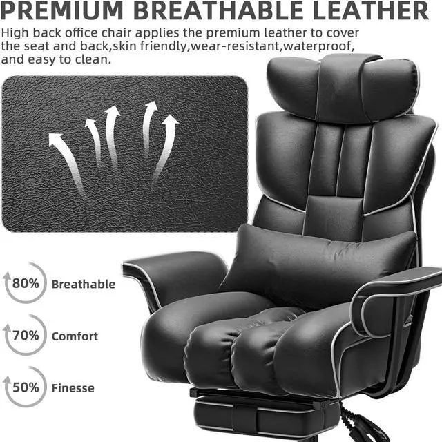 Alt view image 5 of 7 - Ninecer Big and Tall Office Chair 400LBS, Reclining Executive Desk Chair with Footrest & Lumbar Support, Puls Size Office Chairs for Heavy People,High Back,Wide Seat and Arms, Black