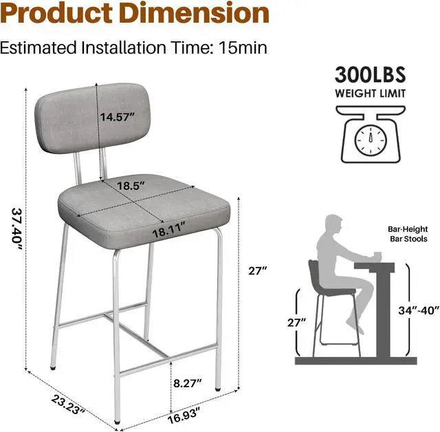 Alt view image 4 of 5 - Ninecer Counter Height Bar Stools, Upholstered Bar Stools Set of 2, Kitchen Island Barstools with Back and Metal Legs Footrest, 27" H Seat Height, Line Fabric in Gray