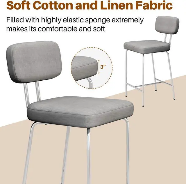 Alt view image 3 of 5 - Ninecer Counter Height Bar Stools, Upholstered Bar Stools Set of 2, Kitchen Island Barstools with Back and Metal Legs Footrest, 27" H Seat Height, Line Fabric in Gray