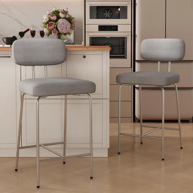 Main image of Ninecer Counter Height Bar Stools, Upholstered Bar Stools Set of 2, Kitchen Island Barstools with Back and Metal Legs Footrest, 27" H Seat Height, Line Fabric in Gray