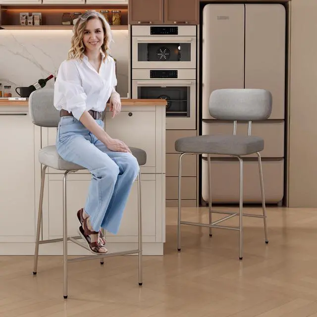 Alt view image 5 of 5 - Ninecer Counter Height Bar Stools, Upholstered Bar Stools Set of 2, Kitchen Island Barstools with Back and Metal Legs Footrest, 27" H Seat Height, Line Fabric in Gray
