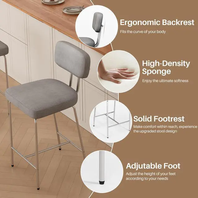Alt view image 2 of 5 - Ninecer Counter Height Bar Stools, Upholstered Bar Stools Set of 2, Kitchen Island Barstools with Back and Metal Legs Footrest, 27" H Seat Height, Line Fabric in Gray