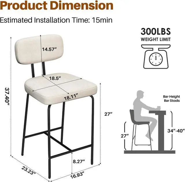 Alt view image 4 of 5 - Ninecer Counter Height Bar Stools, Upholstered Bar Stools Set of 2, Kitchen Island Barstools with Back and Metal Legs Footrest, 27" H Seat Height, Line Fabric in White