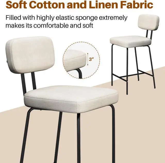 Alt view image 3 of 5 - Ninecer Counter Height Bar Stools, Upholstered Bar Stools Set of 2, Kitchen Island Barstools with Back and Metal Legs Footrest, 27" H Seat Height, Line Fabric in White
