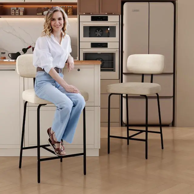 Alt view image 5 of 5 - Ninecer Counter Height Bar Stools, Upholstered Bar Stools Set of 2, Kitchen Island Barstools with Back and Metal Legs Footrest, 27" H Seat Height, Line Fabric in White