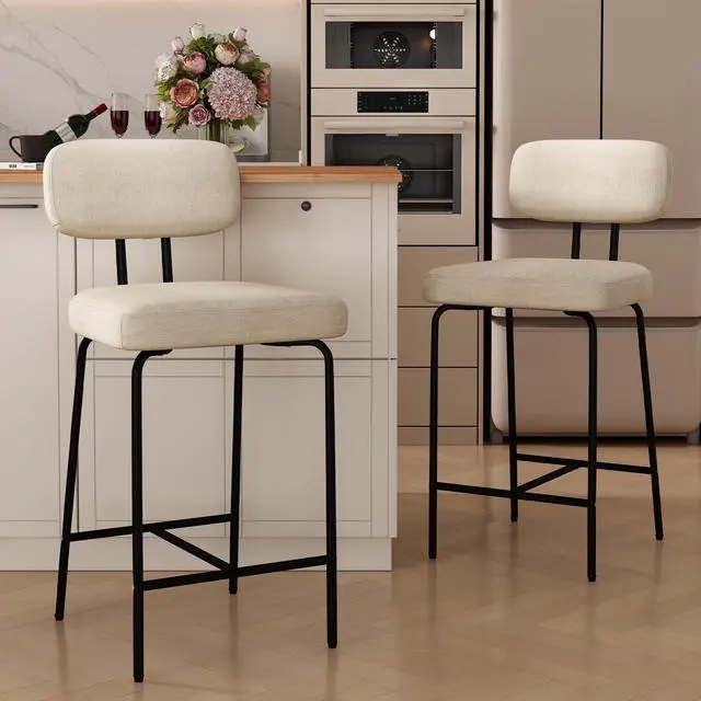 Main image of Ninecer Counter Height Bar Stools, Upholstered Bar Stools Set of 2, Kitchen Island Barstools with Back and Metal Legs Footrest, 27" H Seat Height, Line Fabric in White