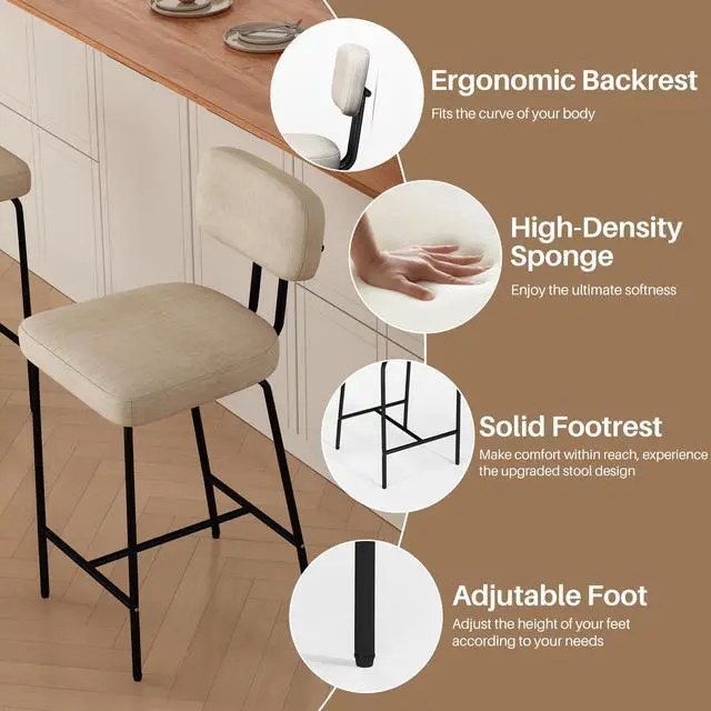 Alt view image 2 of 5 - Ninecer Counter Height Bar Stools, Upholstered Bar Stools Set of 2, Kitchen Island Barstools with Back and Metal Legs Footrest, 27" H Seat Height, Line Fabric in White