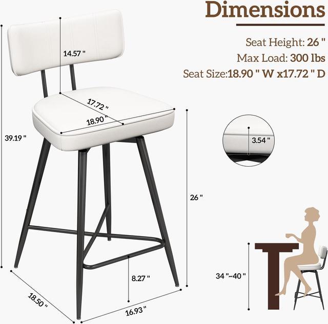 Alt view image 3 of 7 - Ninecer 26" Swivel Bar Stools Set of 2, Modern Counter Height Barstools, Pu Leather Kitchen Stools with Back Footrest Metal Legs, Bar Chairs for Kitchen Island, Cafes, Dining Room,White