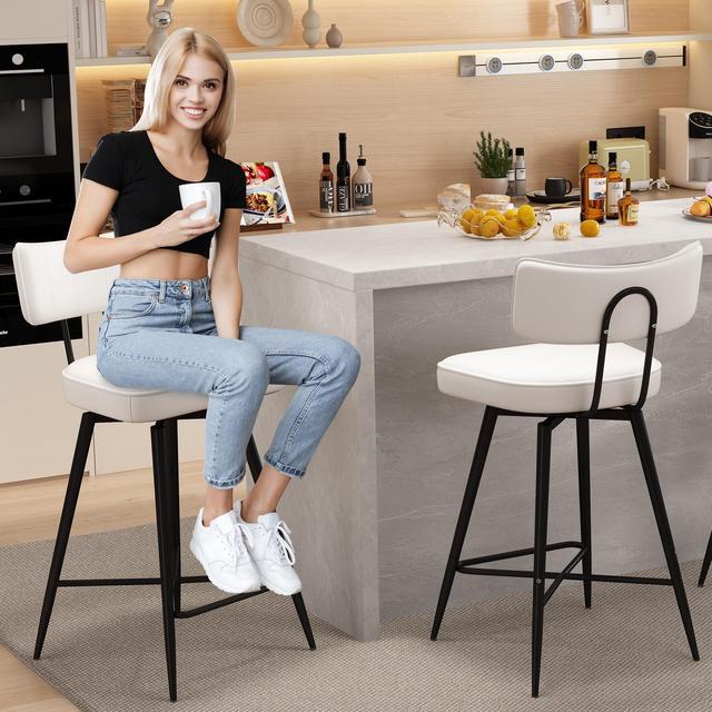 Alt view image 6 of 7 - Ninecer 26" Swivel Bar Stools Set of 2, Modern Counter Height Barstools, Pu Leather Kitchen Stools with Back Footrest Metal Legs, Bar Chairs for Kitchen Island, Cafes, Dining Room,White