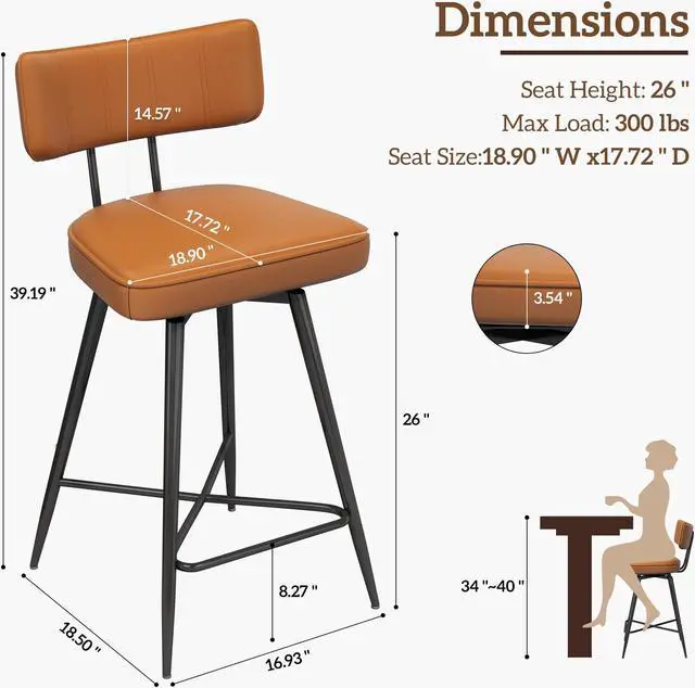 Alt view image 2 of 7 - Ninecer 26" Swivel Bar Stools Set of 2, Modern Counter Height Barstools, Pu Leather Kitchen Stools with Back Footrest Metal Legs, Bar Chairs for Kitchen Island, Cafes, Dining Room,Brown
